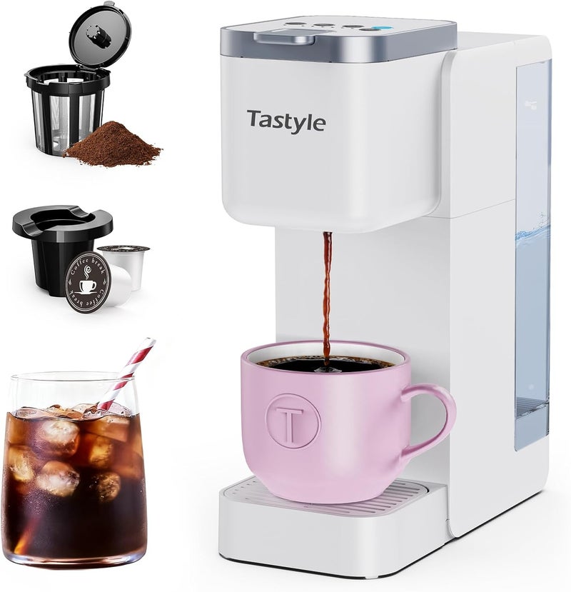 Tastyle Single Serve Coffee Maker, Iced and Hot Coffee Machine for K Cup & Grounds, Compact Design, 40oz Removable Water Reservoir, 6 to 24 Oz Brew Sizes, Fits 7.3" Travel Mug, White - Image 1
